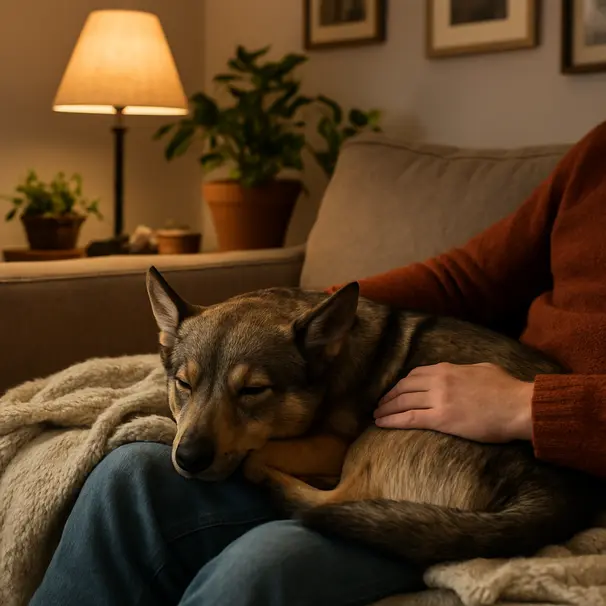 Swedish Vallhund curled up on a sofa beside an owner in a warm living room during evening, cuddling on soft blankets
