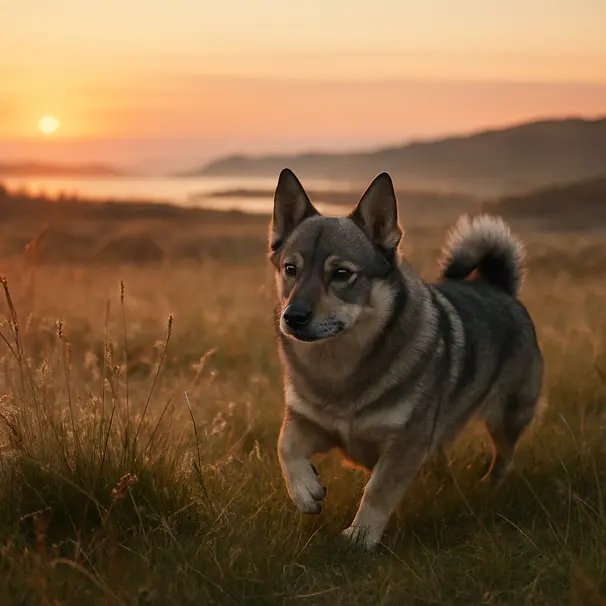 Swedish Vallhund trotting through a dew-covered coastal meadow at sunrise, low camera angle showing landscape and soft golden light