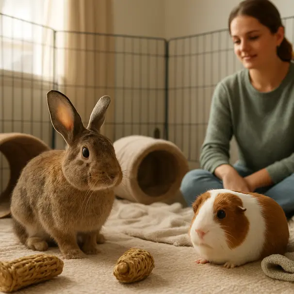 Rabbit and guinea pig exploring a supervised indoor play space with a pet carer observing from nearby.