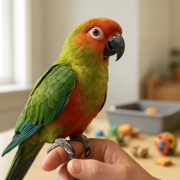 Parrot perched on a carer’s finger in a bright room with toys and a foraging tray visible in the background.