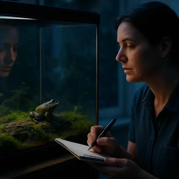 Pet carer writing notes while observing a frog inside a mossy terrarium at dusk, with a notebook in the foreground.