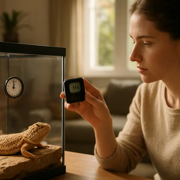 Pet carer checking the temperature of a bearded dragon’s glass enclosure indoors while the dragon basks on a rock.
