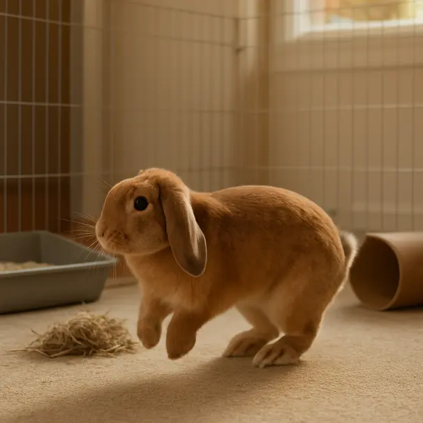 A brown lop rabbit hopping in an indoor playpen with litter box, hay pile and a cardboard tunnel under warm late afternoon light