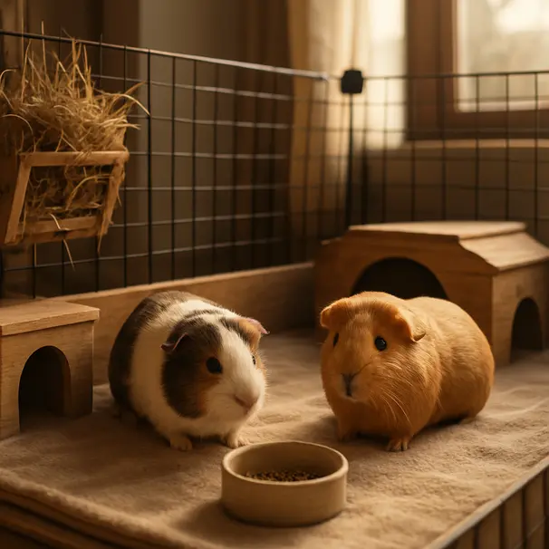 Two guinea pigs inside a spacious C&amp;C enclosure with fleece bedding, hay rack, food bowls and wooden hideouts in a sunlit room