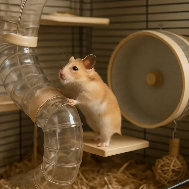 A hamster climbing in a multi-level cage with tubes, a running wheel, wooden platforms and chew toys
