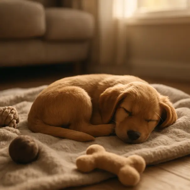 Young golden-brown puppy curled on a blanket in a cozy living room with toys nearby