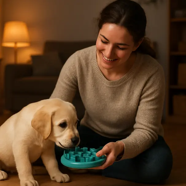Labrador puppy with a pet carer using a puzzle feeder in a warm evening home setting