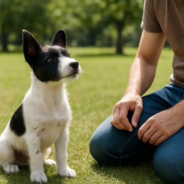 Black-and-white terrier puppy outdoors in a park looking up at a kneeling person, attentive body language