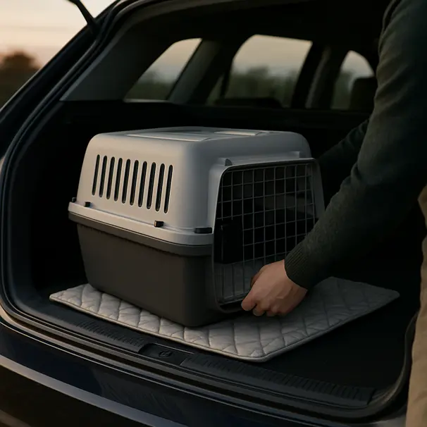 Transportbox im Kofferraum bei Dämmerung, pet carer bereitet Polsterung vor, sichere Belüftung im Fokus