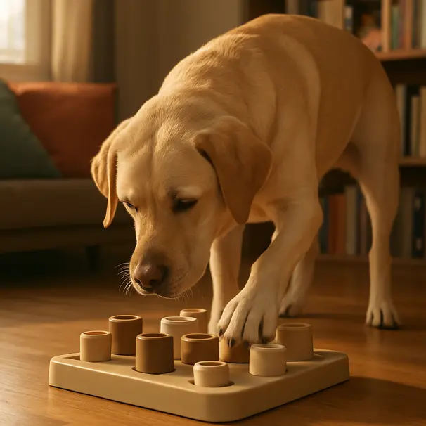 Un Labrador joue avec un jouet interactif sur le sol intérieur, lumière de fin d'après-midi, concentration visible sur le visage du chien et décor intérieur accueillant.