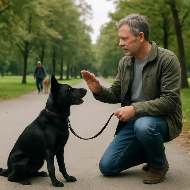 Un homme entraîne un chien berger noir mix en laisse dans un parc, pratique du pas au pied et du assis, arbres et promeneurs flous en arrière-plan.