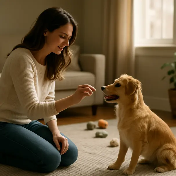 Une femme récompense un petit chien golden-retriever mix lors d'une séance de dressage dans un salon chaleureux, lumière naturelle, jouets en arrière-plan.