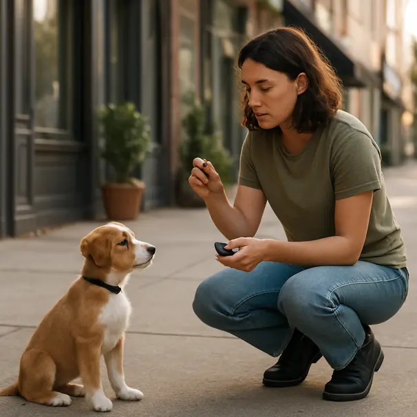 Une pet carer urbaine entraîne un chiot sur un trottoir calme, elle tient des friandises et un clicker, boutique et plantes en arrière-plan.