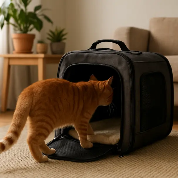 Ginger tabby cat investigating an open carrier in a cozy living room with blanket and sunlight