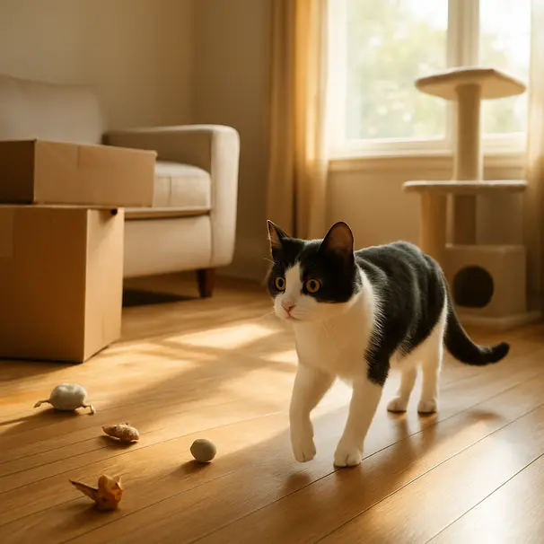 Black-and-white cat cautiously exploring an unpacked living room with boxes and sunlight on the wooden floor