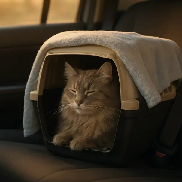 Long-haired grey cat resting inside a carrier on a car seat with soft light coming through the window