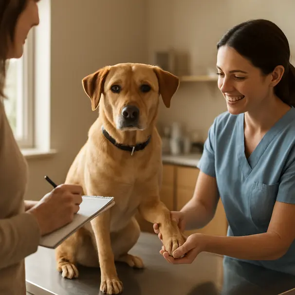Owner and veterinarian examining a calm Labrador mix on an exam table in a cozy clinic, owner holding notes and vet checking the dog's paws.
