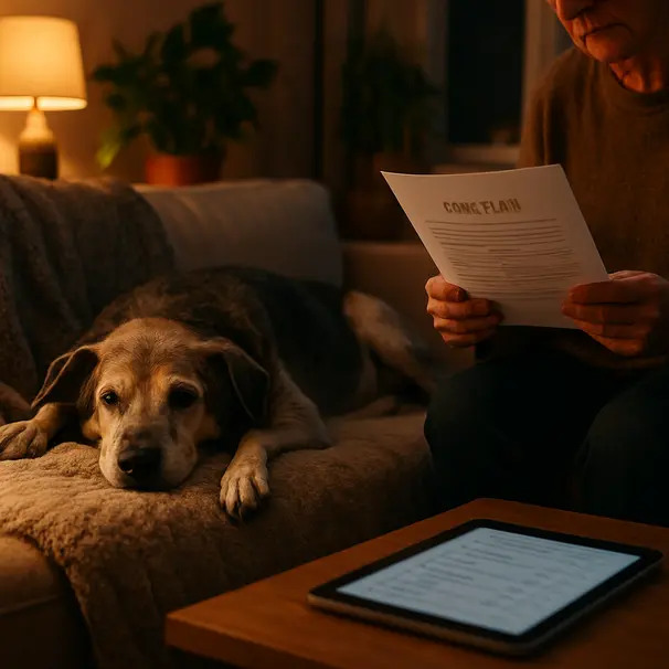 Senior dog resting on a bed at home while the owner reads a printed care plan and checks a tablet showing a medication schedule under warm lamplight.