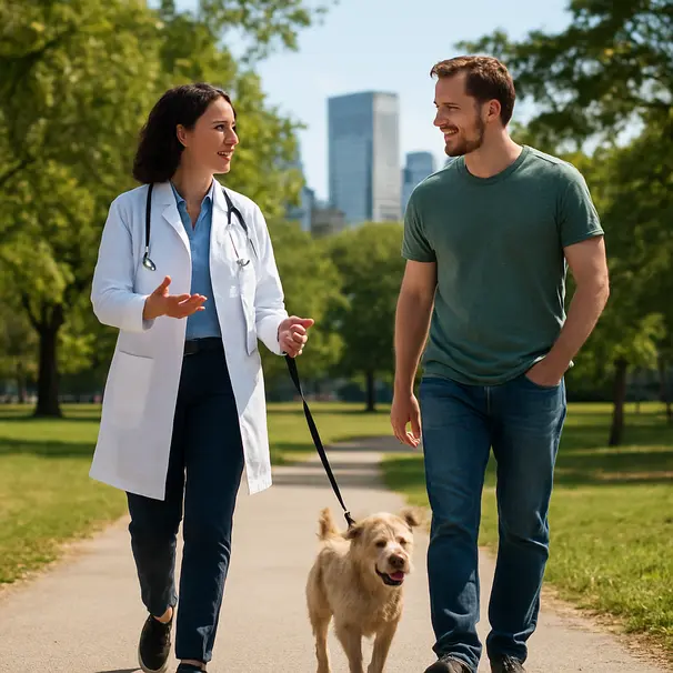 Veterinarian and owner walking a small terrier in a park, discussing behavior and daily routine with bright sunlight and green trees in the background.