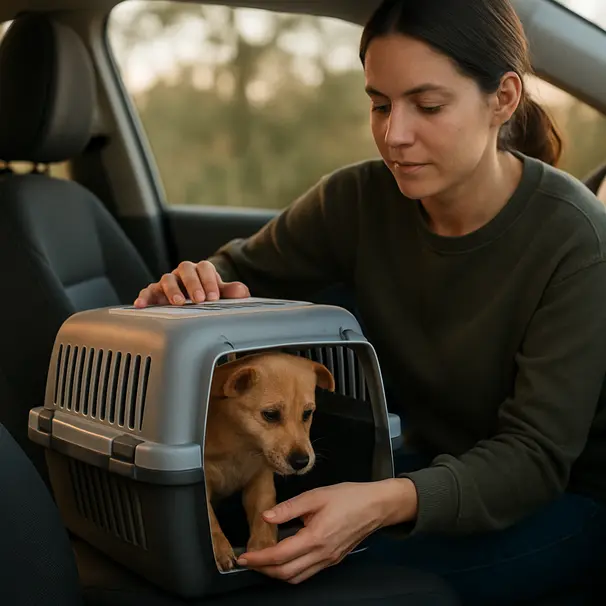 Un pet carer place doucement un petit animal dans une caisse de transport sécurisée, prêt pour le trajet.