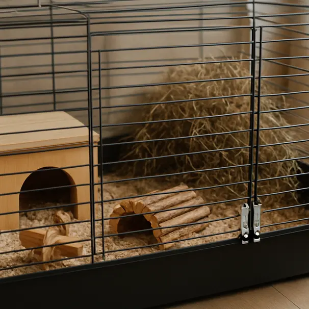 Vue d’un enclos pour petit animal bien aménagé avec jouets en bois, foin et litière sûre.