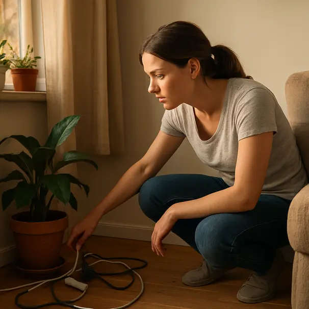 Un pet carer inspecte un coin du salon à hauteur d’animal, vérifiant câbles, plantes et petits espaces.