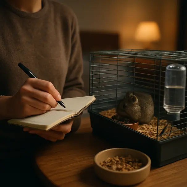 Un pet carer note l’observation quotidienne près d’un rongeur, vérifiant nourriture et eau.