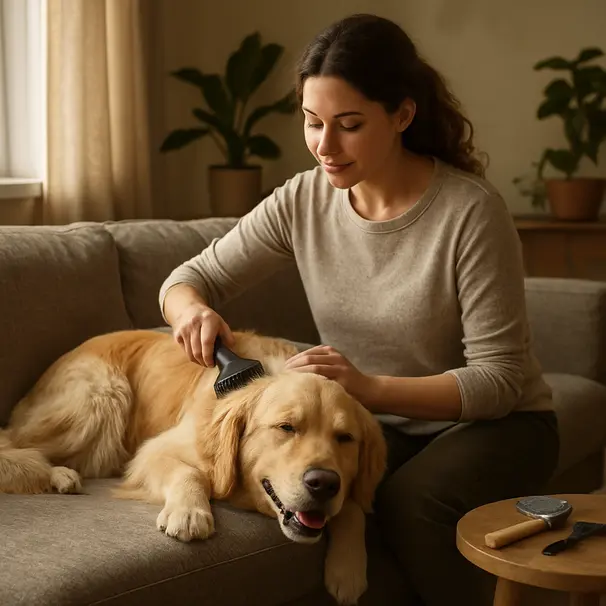 Pet carer borstelt een ontspannen golden retriever op een bank in een gezellige woonkamer.