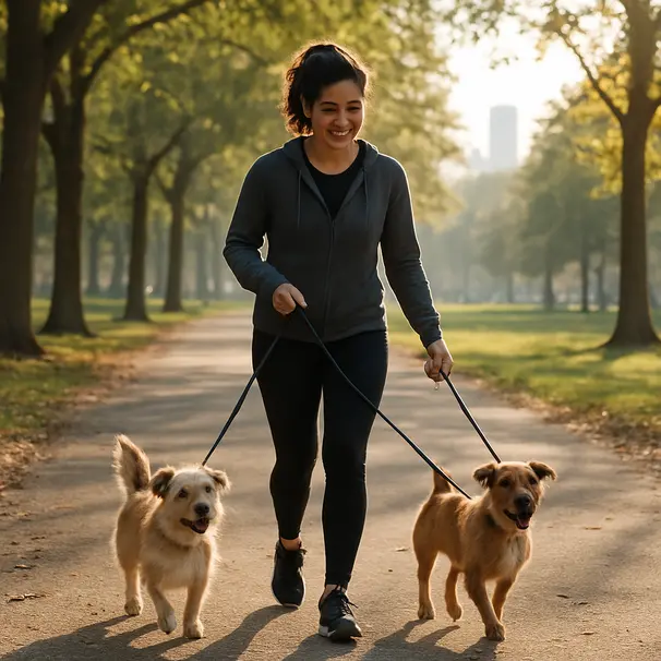 Pet carer loopt twee kleine gemengde honden in een stadspark bij zonsopgang.