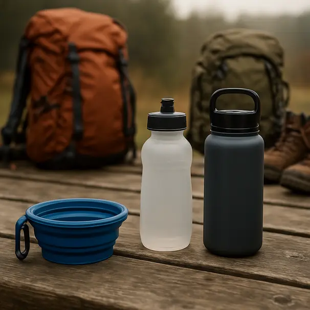 Foldable silicone bowl with bottle, squeeze-nozzle bottle, and insulated bottle on a picnic table at a trailhead with hiking gear nearby