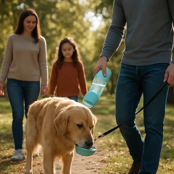 Golden retriever drinking from a built-in-bowl dog water bottle in a sunny park while owner holds the bottle
