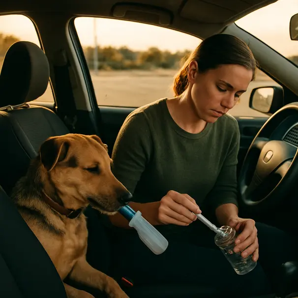 Mixed-breed dog drinking from a clipped travel bottle in a car while a carer cleans a bottle with a brush at a rest stop