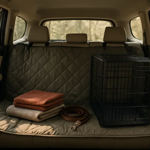 Dog travel setup in a car showing a hammock seat cover, a secured crate, blankets, and leash, midday light coming through car windows