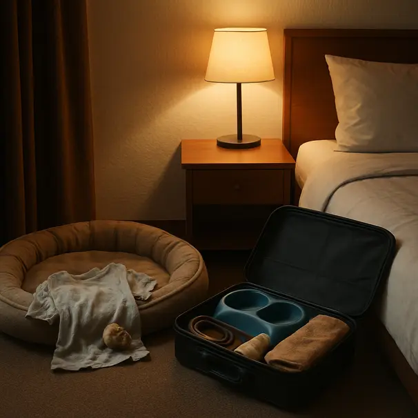 Evening scene inside a pet-friendly lodge room with a dog bed, toy, packed suitcase, and warm lamp light creating a calm atmosphere