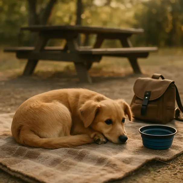Golden retriever mix resting on a blanket at a picnic spot with a collapsible water bowl and backpack in soft afternoon light