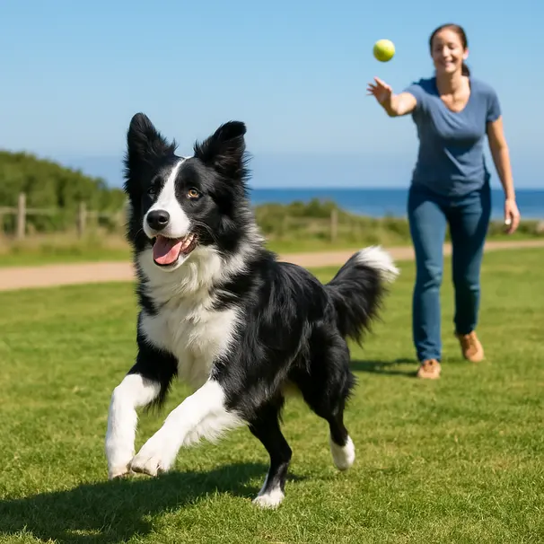 Border collie running after a thrown ball in a grassy dog park near a coastal trail, owner in the background under bright sun
