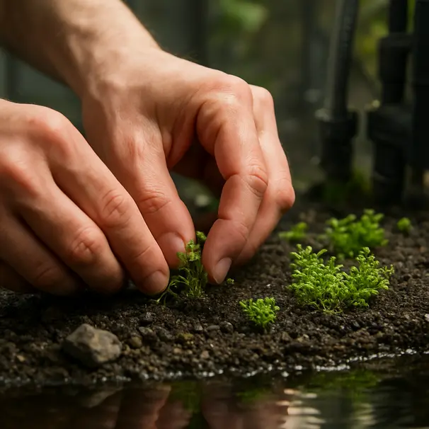 Hands planting carpeting aquatic plants into substrate in a planted aquarium, with visible roots and aquarium background