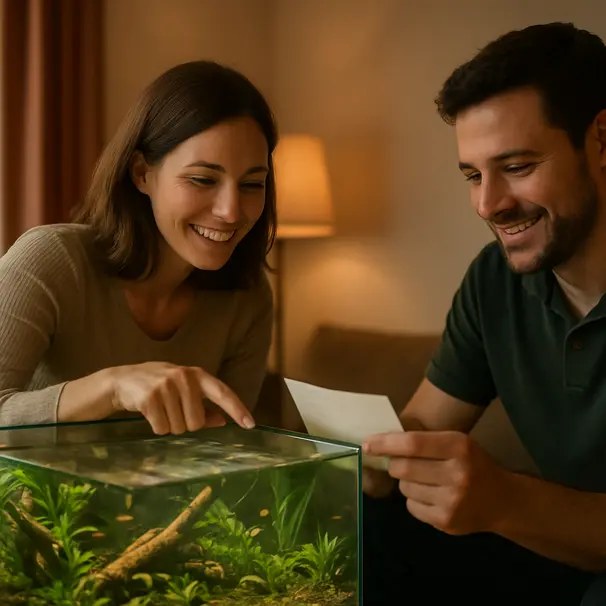 Pet owner and pet carer leaning over a planted aquarium, pointing at the layout and making notes, house interior visible