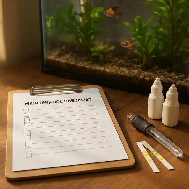 Clipboard with aquarium maintenance checklist next to dosing bottles and a siphon, planted tank and fish visible in the background