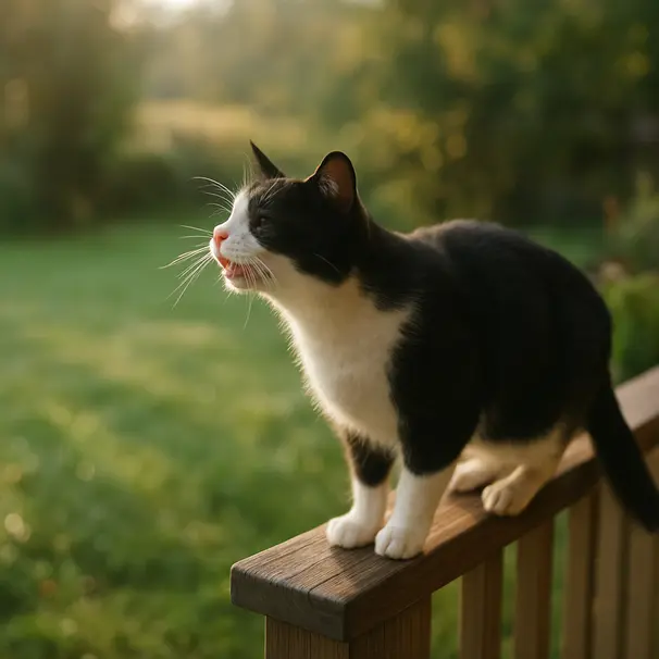 Black-and-white cat on a wooden porch performing flehmen response with morning garden in background
