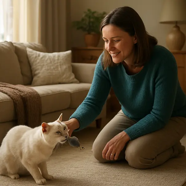 Pet carer in living room observing a cream-colored cat performing flehmen response while sniffing a toy