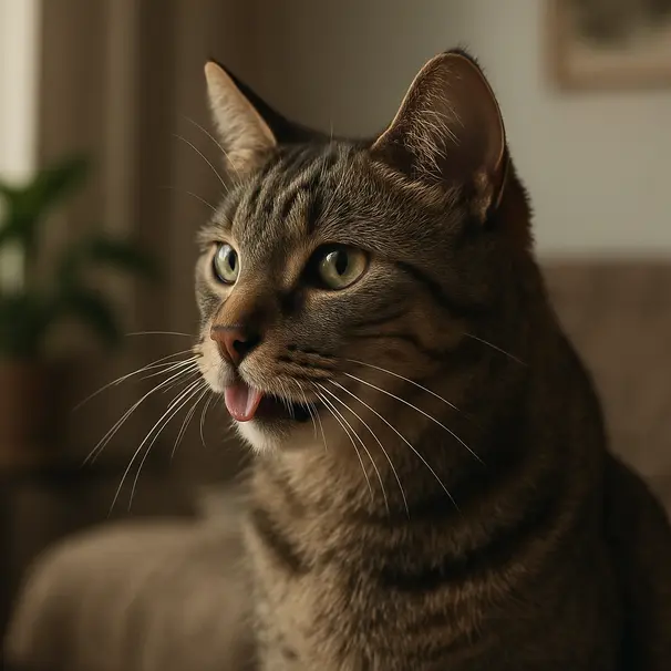 Close-up of a tabby cat indoors performing the flehmen response with living room background
