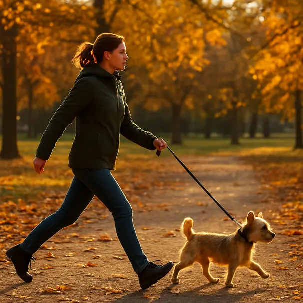 Dog walker leading a small terrier on a brisk walk in a park during golden hour with leaves on the path