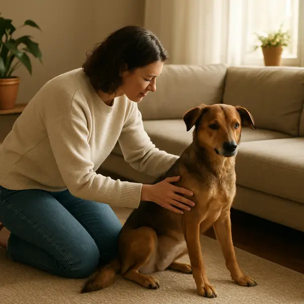 Pet owner gently feeling a medium mixed-breed dog's ribs at home on a rug in a living room setting