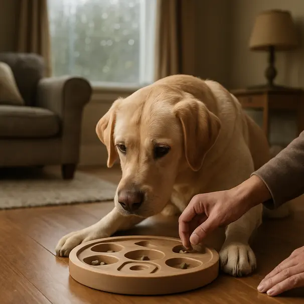 Large Labrador using an interactive puzzle feeder on a hardwood floor while a sitter places kibble, rainy window visible