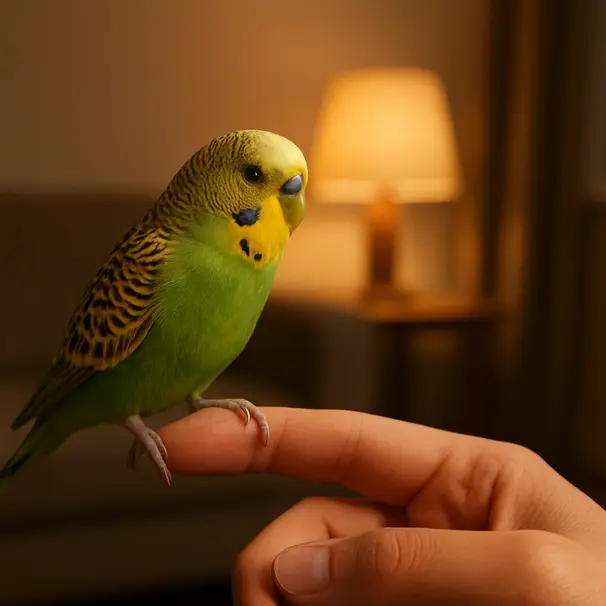 Budgerigar stepping onto a carer's finger indoors in evening lamp light, close-up on the interaction showing calm trust and detailed feathers