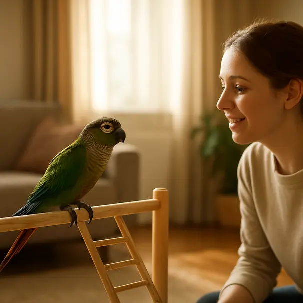 Green-cheeked conure on a wooden play gym indoors with a pet carer speaking softly, morning sunlight, cozy living room environment