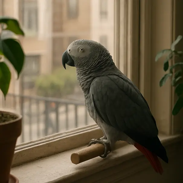 African grey parrot perched on a windowsill indoors, eye pinning while watching outside, balcony and plants visible, mid-day light