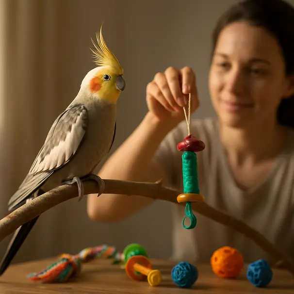 Cockatiel on an indoor natural branch with a pet carer offering a foraging toy, late afternoon light, toys and home elements visible
