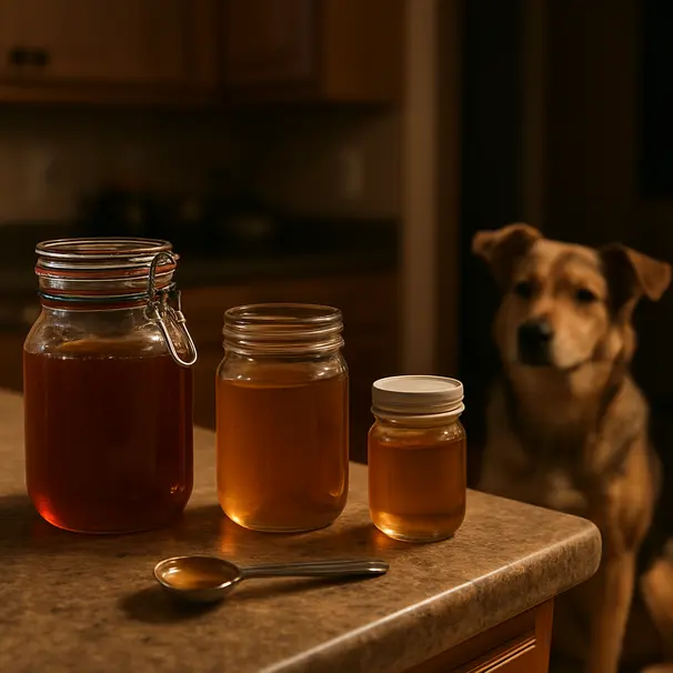 Kitchen counter with jars of honey and a measuring spoon holding a tiny amount, a dog waiting on the floor in the background.